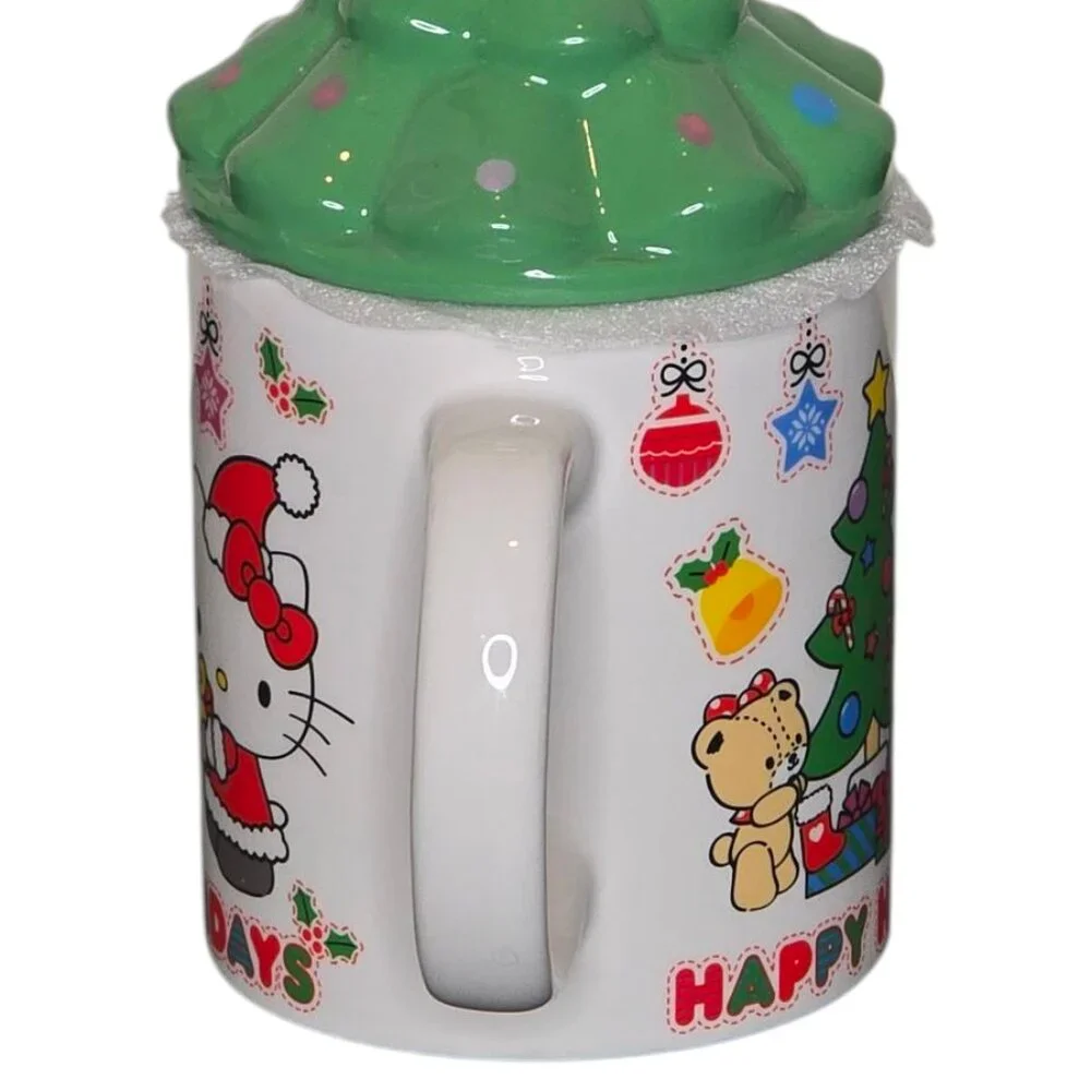 Hello Kitty Christmas Mug Tree Lid Happy Holidays Sanrio Ceramic Cup Kawaii